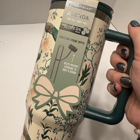 Hydragear Green Cream Peacock Print Stainless Steel Tumbler 30 Oz Bow Straw - Picture 3 of 7